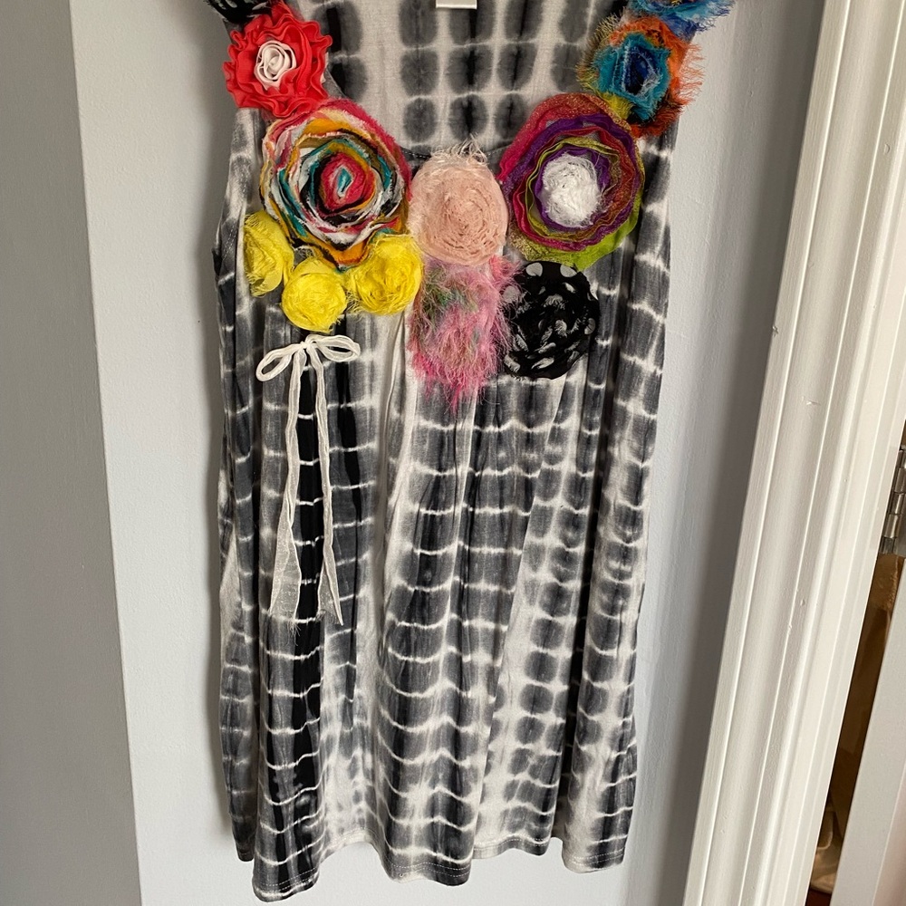 Black and White Tie-Dye Dress with Colorful Floral Accents